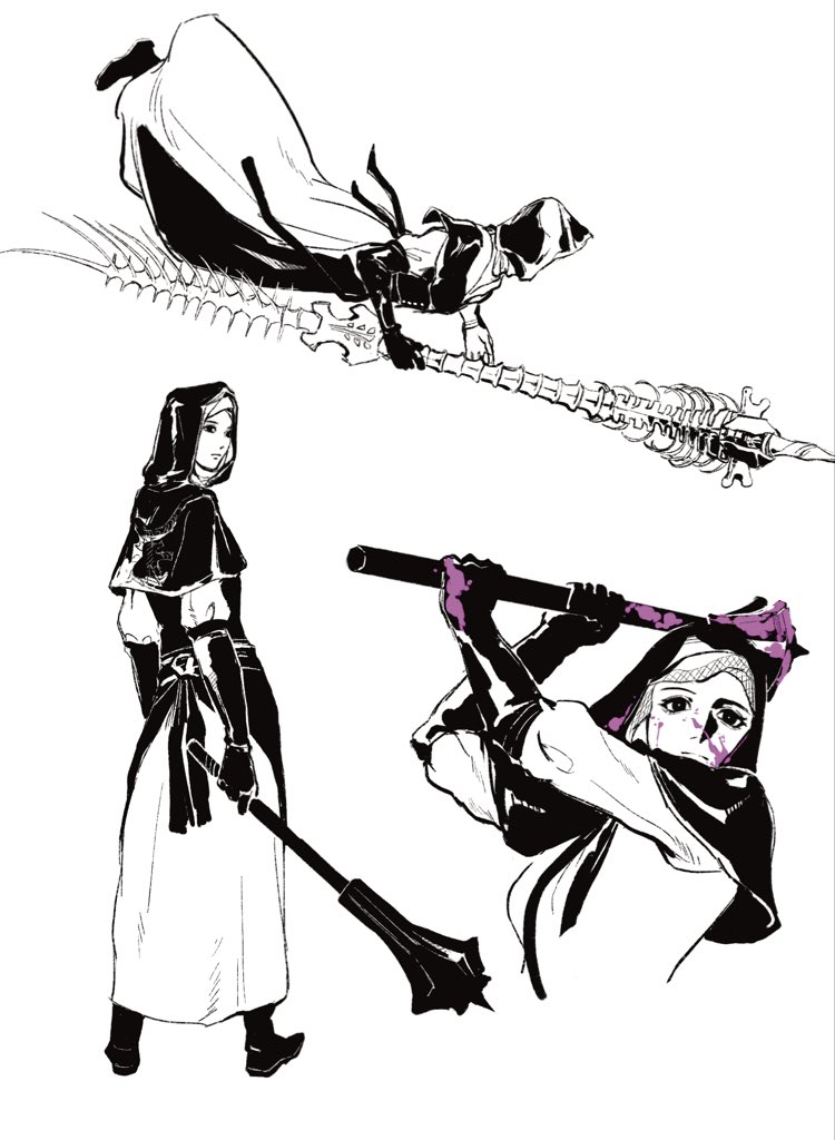 1girl, apron, black_apron, black_boots, black_capelet, black_corset, black_gloves, black_hood, blood, blood_on_face, bloody_weapon, bone, boots, capelet, coif, corset, cropped_torso, elden_ring, elden_ring_nightreign, flanged_mace, from_behind, gameplay_mechanics, gloves, hashtag-only_commentary, holding, holding_mace, holding_weapon, incoming_attack, laozjiujiaolaoz, looking_back, mace, monochrome, multiple_views, nun, spot_color, standing, undertaker_(elden_ring), weapon, white_background, white_coif