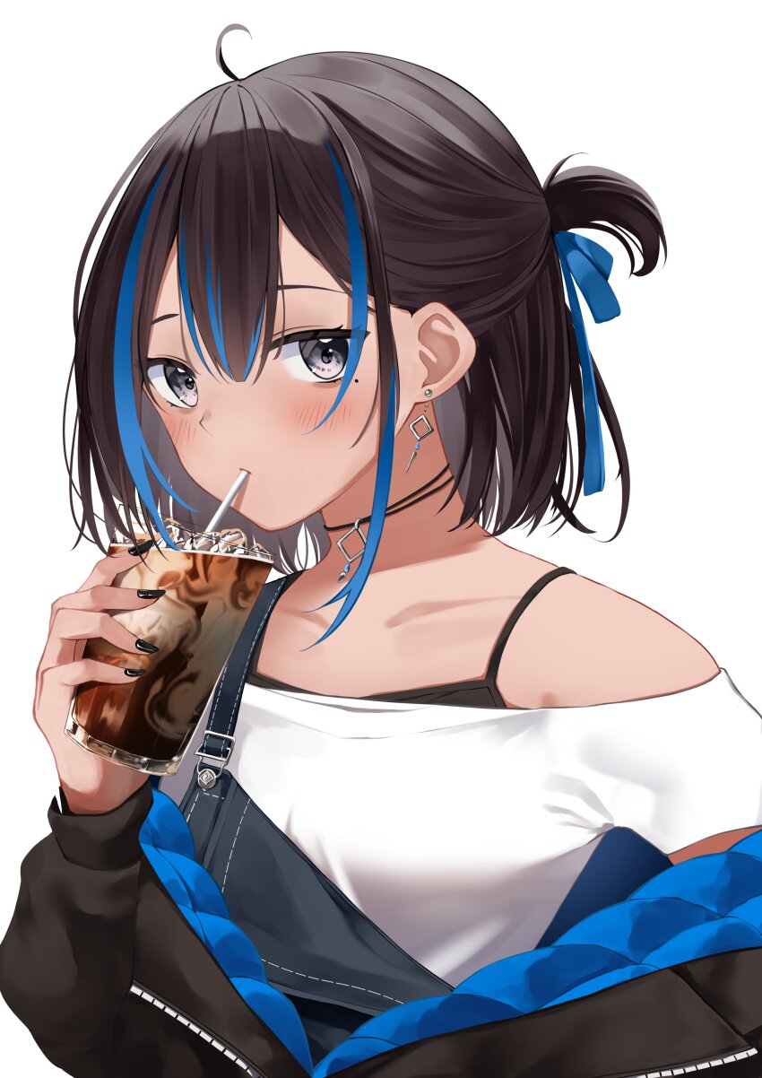 1girl, absurdres, ahoge, black_jacket, black_overalls, blue_ribbon, blue_streaks, blush