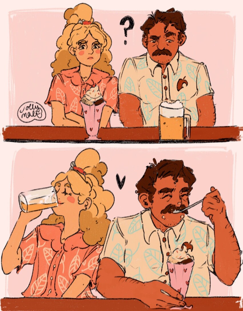 1boy, 1girl, 2koma, ?, alcohol, animal_crossing, beer, beer_mug, bell, blonde_hair, blush_stickers, brown_hair, buttons, cherry, collared_shirt, comic, crossed_arms, cup, dark-skinned_male, dark_skin, drinking_glass, eating, facial_hair, food, fruit, hair_tie, heart, humanization, ice_cream, ice_cream_float, isabelle_(animal_crossing), lenesketch, long_hair, mug, mustache, nintendo, shirt, spoon, sundae, table, tom_nook_(animal_crossing)