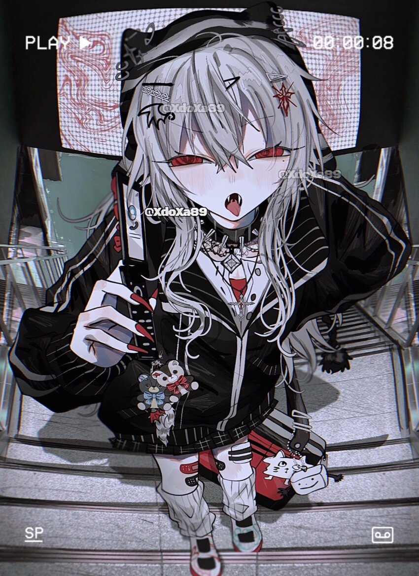 1girl, animal_hat, arm_up, bag, bandage_on_leg, bandaid, bandaid_on_leg, beanie, black_choker, black_jacket, cat_hat, cellphone, character_charm, charm_(object), choker, fangs, flip_phone, foreshortening, from_above, full_body, hair_between_eyes, hair_ornament, hairclip, hat, hebel_ishida, highres, holding, holding_phone, jacket, kuzuha_(nijisanji), leg_warmers, long_hair, long_sleeves, looking_at_viewer, mole, mole_under_eye, nijisanji, on_stairs, open_mouth, phone, pierced_hat, punk, red_eyes, sanya_(nijisanji), solo, spiked_choker, spikes, stairs, standing, stone_stairs, tongue, tongue_out, virtual_youtuber, white_hair, white_leg_warmers, xdoxa89