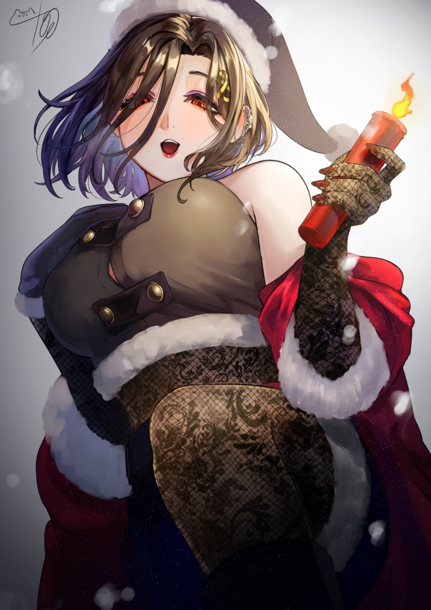 1girl, bare_shoulders, black_hair, breasts, colored_inner_hair, commentary_request, embroidered_gloves, hair_ornament