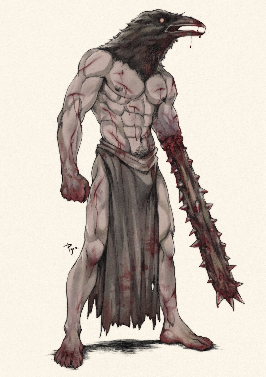 1boy, abs, animal_head, bara, barefoot, blood, clenched_hand, club_(weapon)