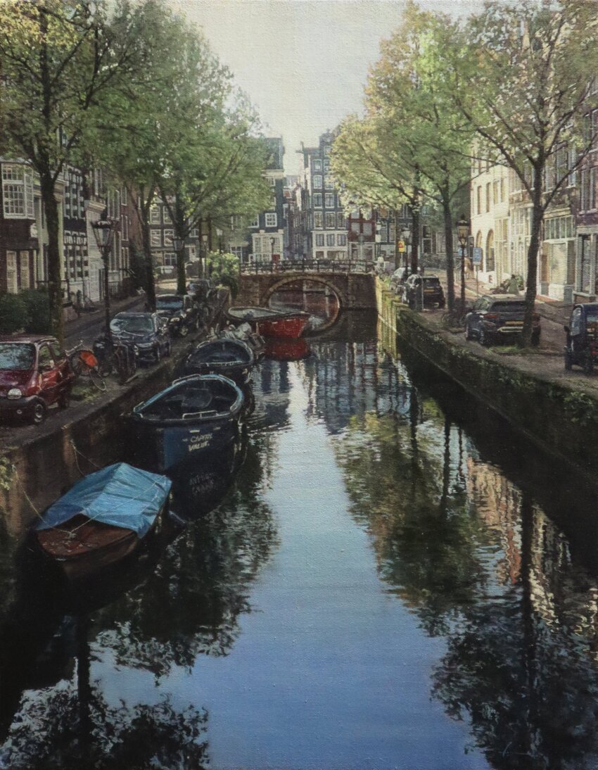 amsterdam, arch_bridge, bicycle, boat, bridge, building, canal, car, commentary_request, day, european_architecture, highres, house, motor_vehicle, naohiro_ito, netherlands, no_humans, original, outdoors, painting_(medium), real_world_location, realistic, reflection, reflective_liquid, renault, renault_twingo, road, rowboat, scenery, shadow, sky, sunlight, town, traditional_media, tree, watercraft, white_sky, window