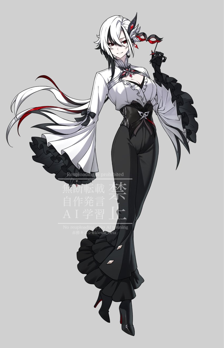 1girl, akazu_kieshi, arlecchino_(genshin_fes_2026)_(genshin_impact), arlecchino_(genshin_impact), black_eyes, black_hands, black_pants, black_shoes