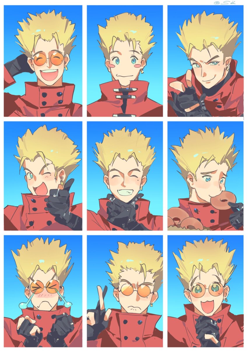 blonde_hair, blue_eyes, coat, commentary, donut, earrings, english_commentary, finger_gun