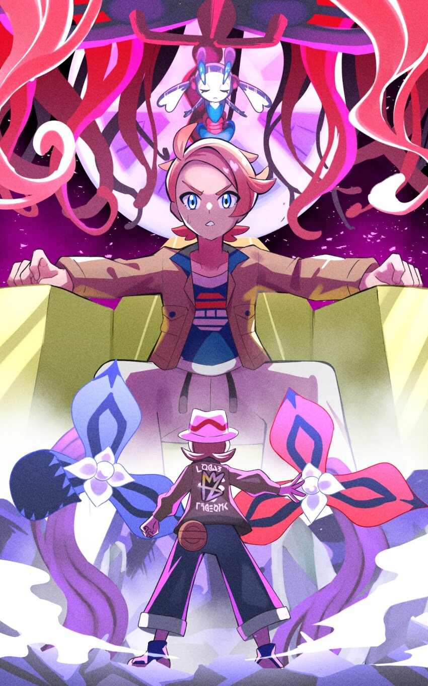 1boy, 1girl, ahoge, blonde_hair, blue_eyes, blue_shirt, brown_hair, brown_jacket