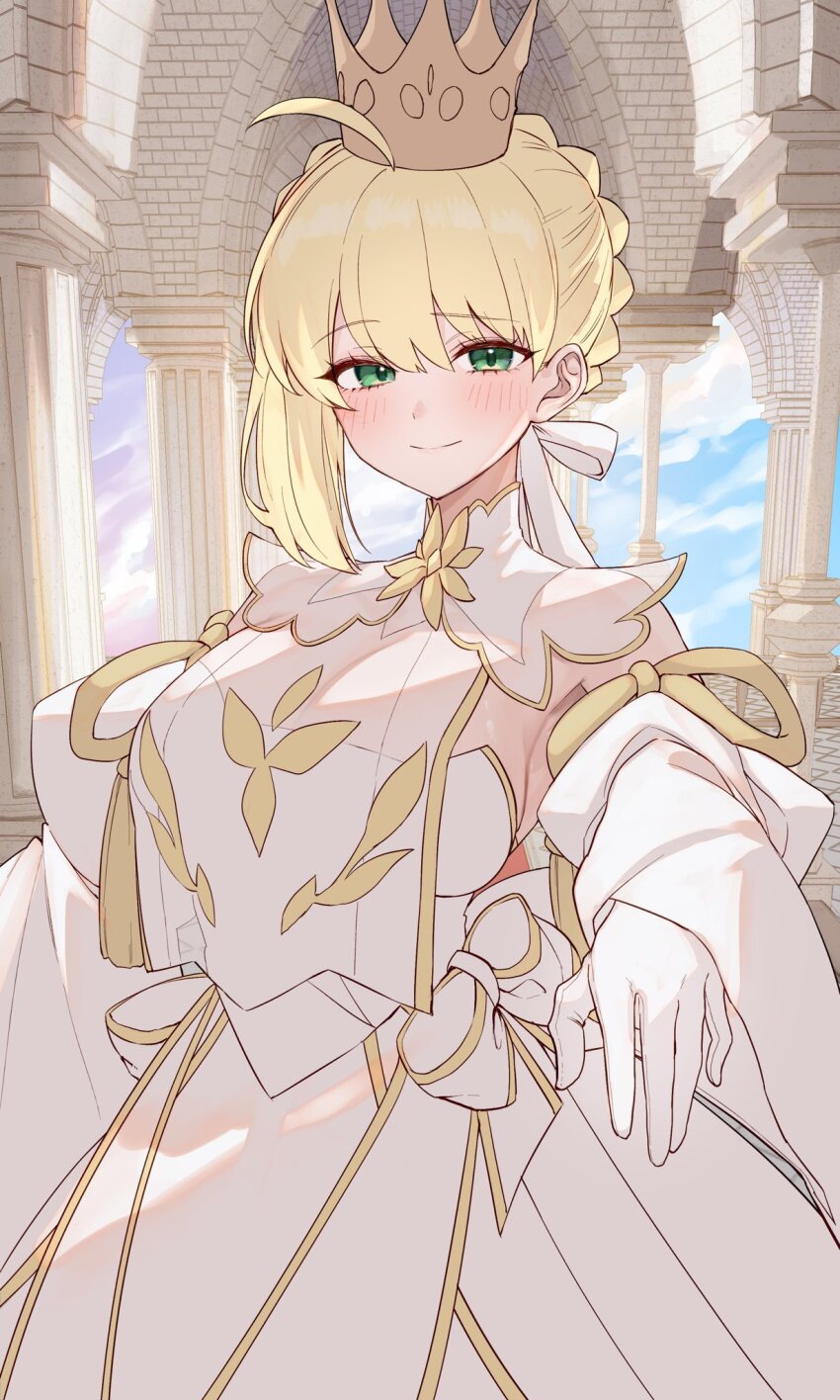 1girl, ahoge, artoria_pendragon_(fate), bare_shoulders, blonde_hair, blush, bow, breasts