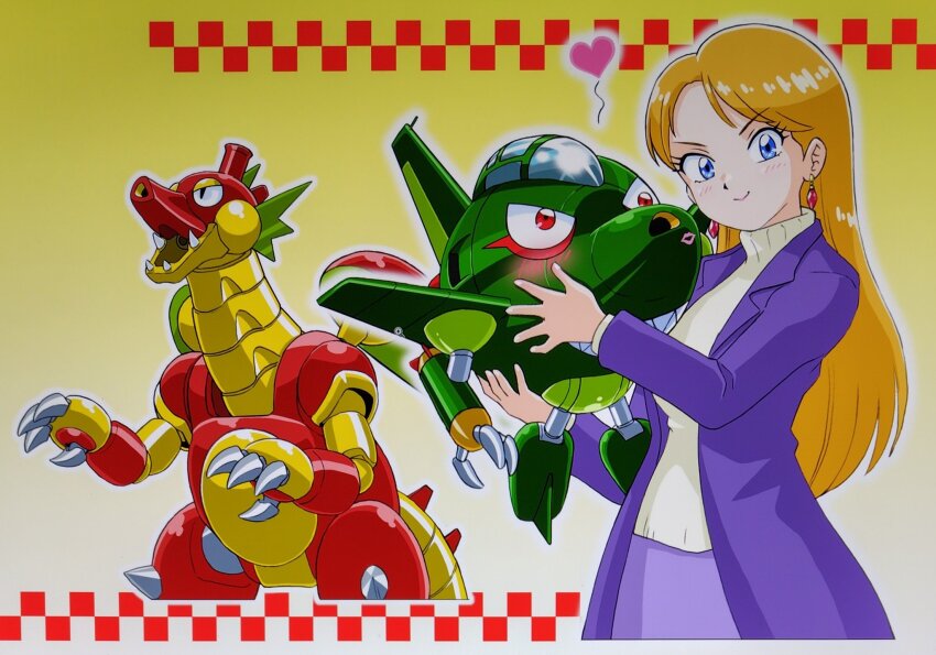 1girl, aircraft, airplane, amron_(robopon), blonde_hair, blue_eyes, claws, closed_mouth