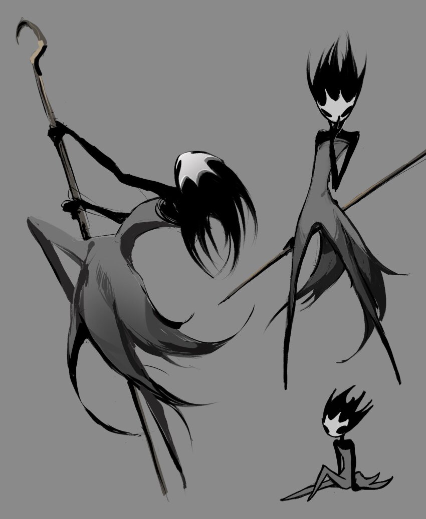 arthropod_girl, black_eyes, black_hair, black_skin, colored_skin, commentary, dress, english_commentary