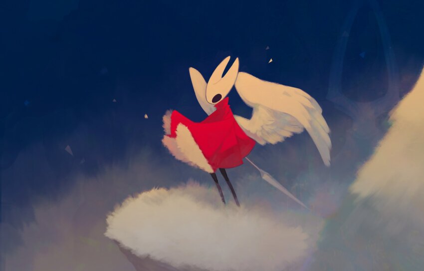 1girl, arthropod_girl, black_eyes, black_skin, cloak, colored_skin, commentary, feathered_wings