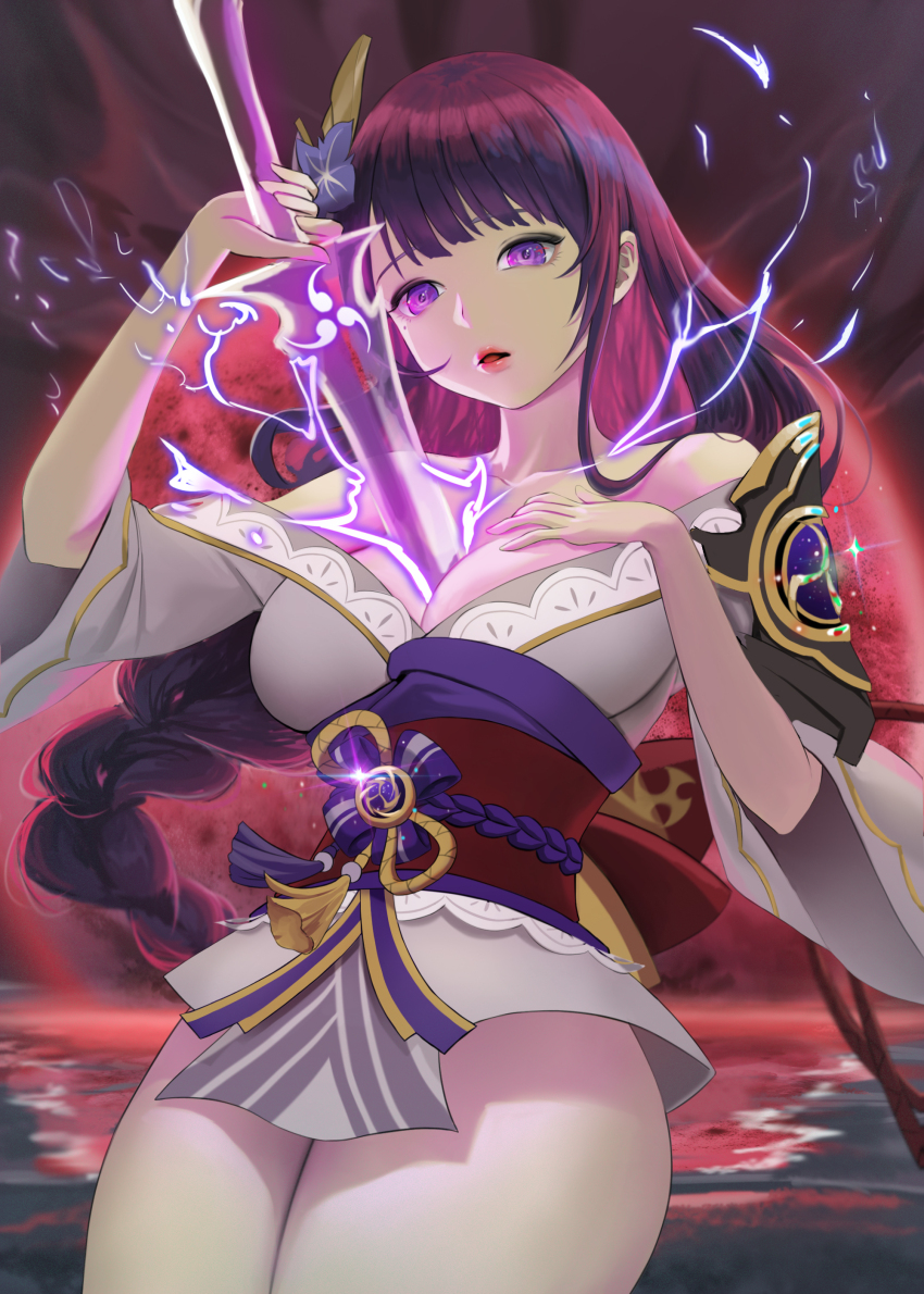 1girl, absurdres, arm_up, armor, asymmetrical_sleeves, back_bow, bare_shoulders, blunt_bangs