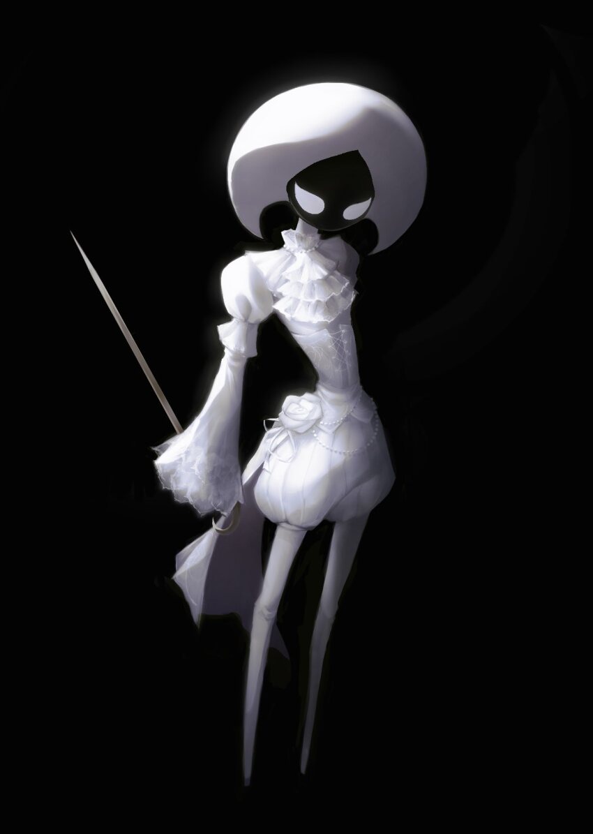 1girl, alternate_costume, arthropod_girl, black_background, black_skin, blank_eyes, colored_skin, commentary, english_commentary, full_body, hat, highres, holding, holding_weapon, hollow_knight, hollow_knight:_silksong, kindahaimu511, lace_(hollow_knight), long_sleeves, pin_(hollow_knight), puffy_sleeves, simple_background, solo, standing, weapon, white_eyes, wide_sleeves