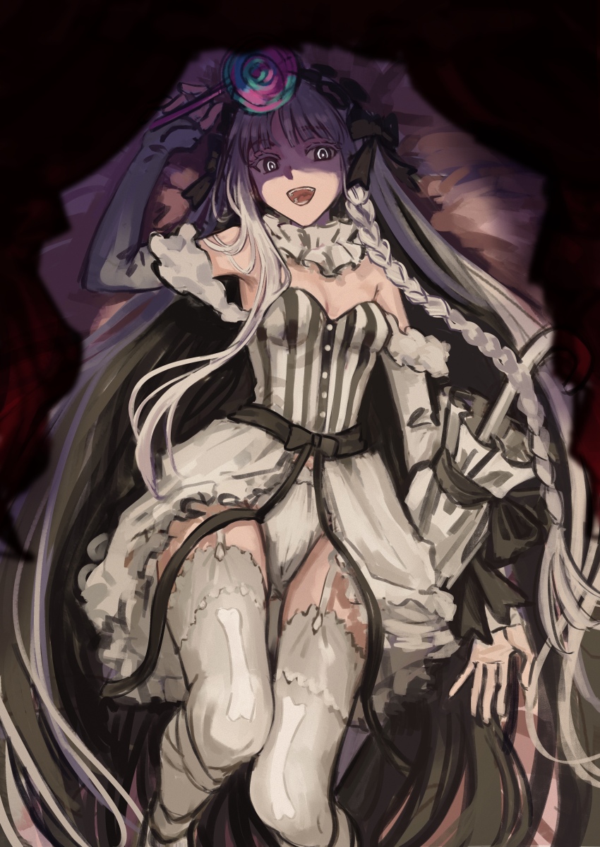 1girl, absurdres, baixiang1234567, black_bow, black_hair, bow, braid, breasts, candy, colored_inner_hair, commentary, detached_collar, dress, fate/strange_fake, fate_(series), food, francesca_prelati_(fate), grey_hair, hair_bow, highres, lollipop, long_hair, lying, multicolored_hair, open_mouth, panties, small_breasts, smile, solo, striped_clothes, untranslatable_commentary, two-tone_hair, underwear, very_long_hair, white_panties