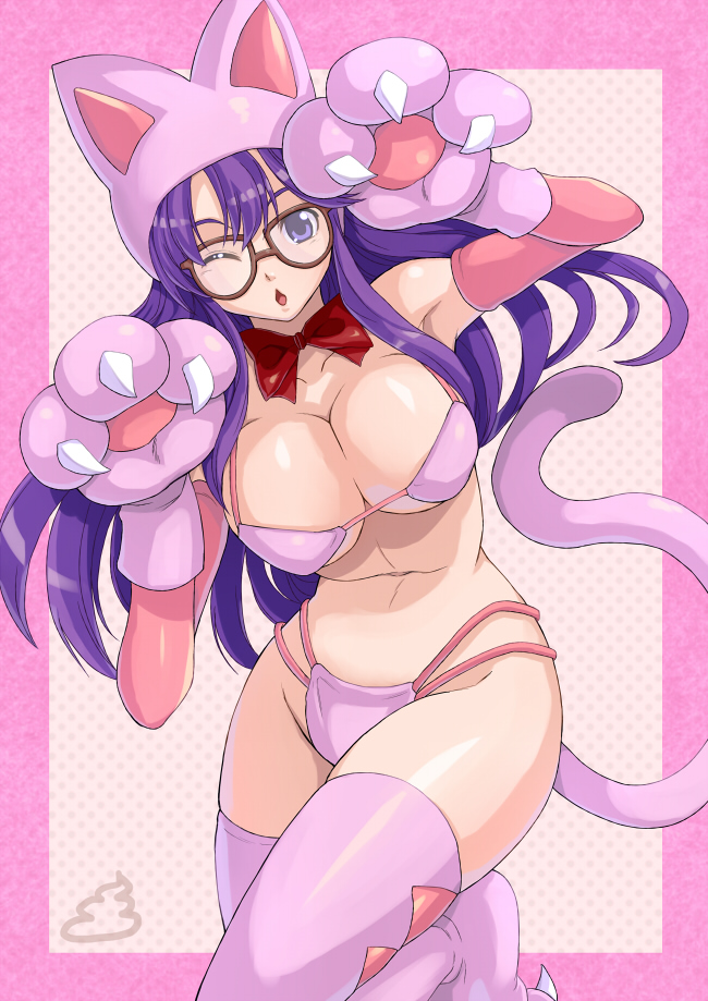 1girl, ;o, aged_up, alternate_form, animal_hands, animal_hat, bikini, bow