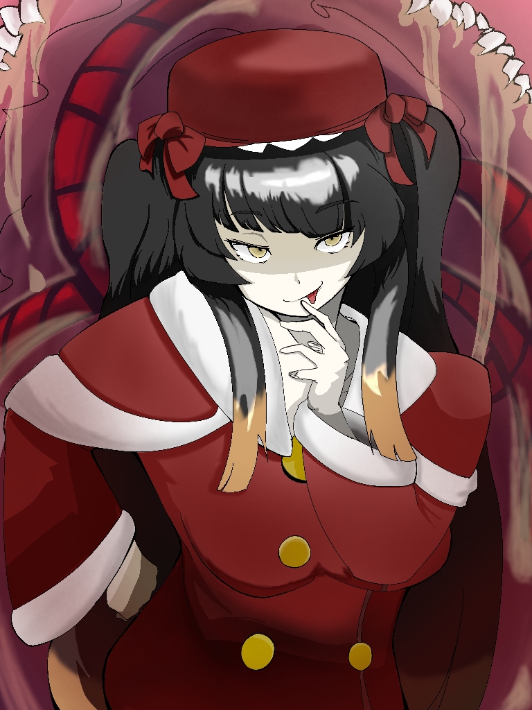 1girl, black_hair, bow, brown_hair, capelet, closed_mouth, commentary_request, dress