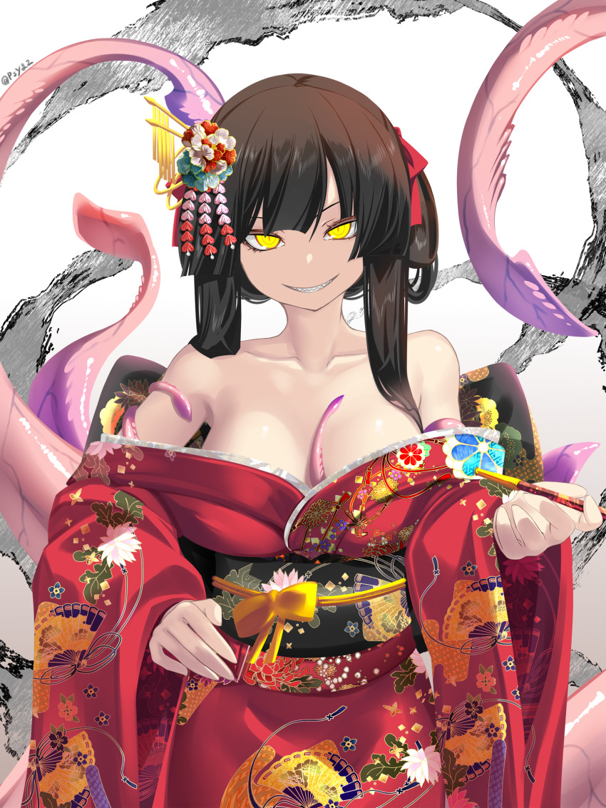 1girl, bare_shoulders, black_hair, breasts, cleavage, commentary_request, floral_print, flower