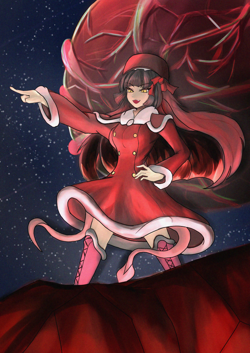 1girl, absurdres, black_hair, blunt_bangs, boots, bow, calamity_star_demiurge, capelet