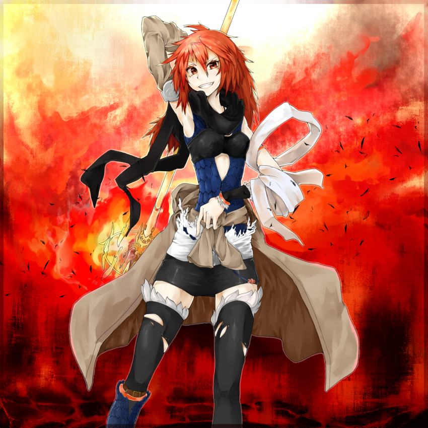 1girl, bad_id, bad_pixiv_id, croriin, detached_sleeves, duel_monster, female_focus, fire, highres, hiita, hiita_(yu-gi-oh!), hiita_the_fire_charmer, laval_forest_sprite, messy_hair, red_eyes, red_hair, solo, staff, thighhighs, torn_clothes, yu-gi-oh!, yu-gi-oh!_duel_monsters