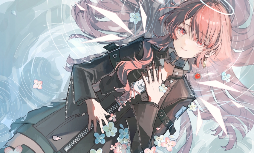 1girl, absurdres, arknights, arm_belt, black_coat, black_skirt, blue_flower, cherry