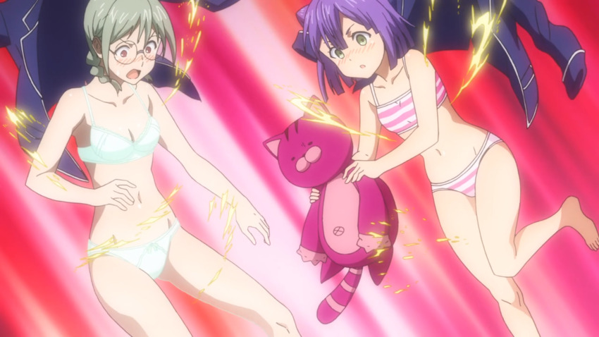 2girls, akanegakubo_momo, barefoot, blush, bra, braid, breasts, collarbone