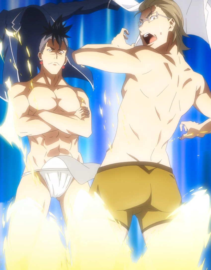 2boys, abs, anime_screenshot, ass, black_hair, blonde_hair, blue_background, closed_mouth