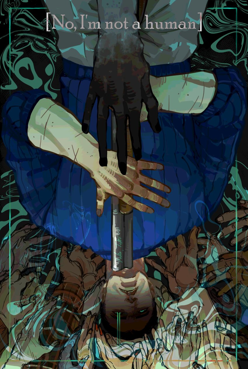 1boy, 1other, absurdres, black_hair, blue_sweater, clenched_teeth, colored_extremities, commentary