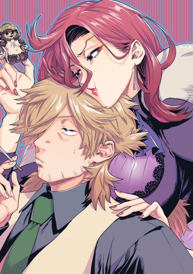 1boy, 1girl, breasts, cigarette, closed_mouth, collared_shirt, earrings, green_eyes