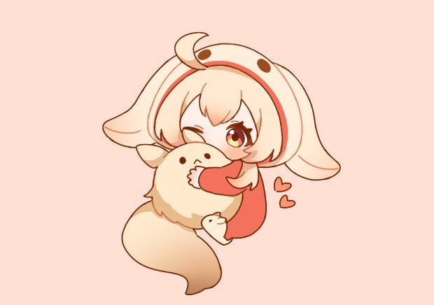 1girl, ahoge, blonde_hair, blush, chibi, chibi_only, commentary_request, dodoco_(genshin_impact), full_body, genshin_impact, hair_between_eyes, heart, holding, klee_(genshin_impact), kurumi_dangoo, looking_at_viewer, one_eye_closed, red_eyes, slippers, solo