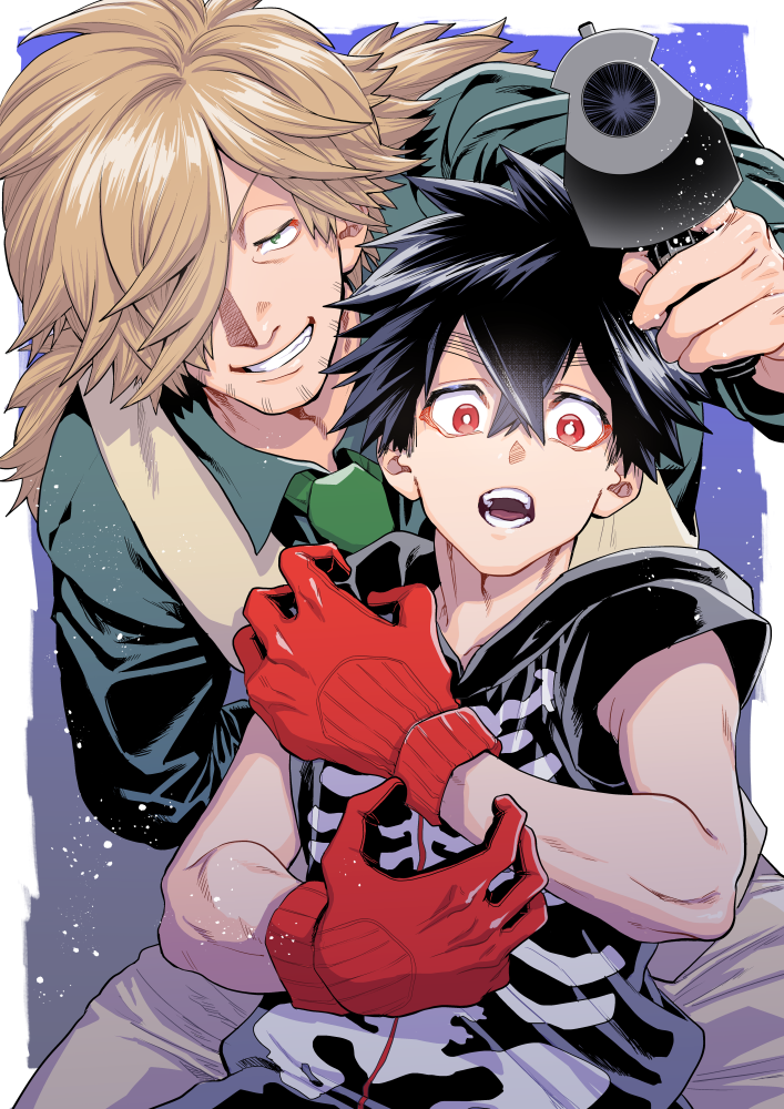 2boys, black_hair, facial_hair, gloves, green_eyes, gun, hair_between_eyes, hair_over_one_eye