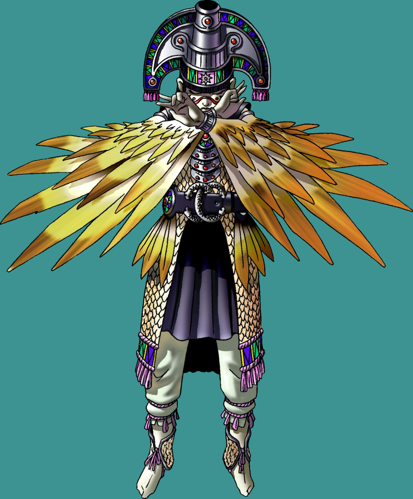 1boy, aztec_clothes, belt, belt_buckle, black_hair, buckle, closed_eyes, crossed_arms