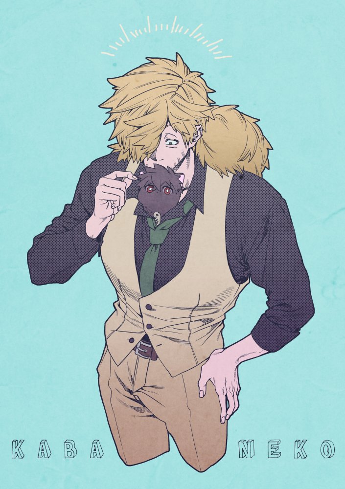 2boys, blonde_hair, blue_background, collared_shirt, cropped_legs, facial_hair, formal_clothes, hair_over_one_eye