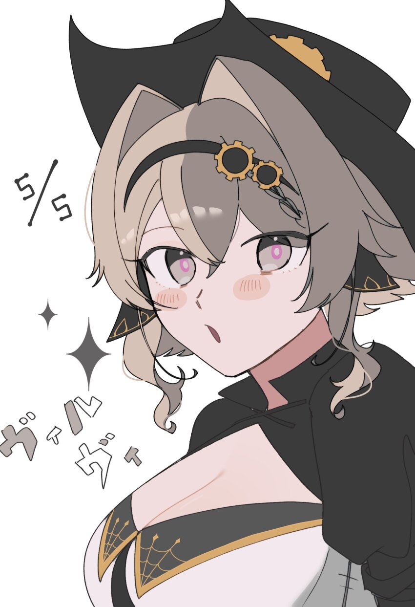 1girl, :o, black_hairband, black_shrug, blush_stickers, breasts, brown_hair, cleavage