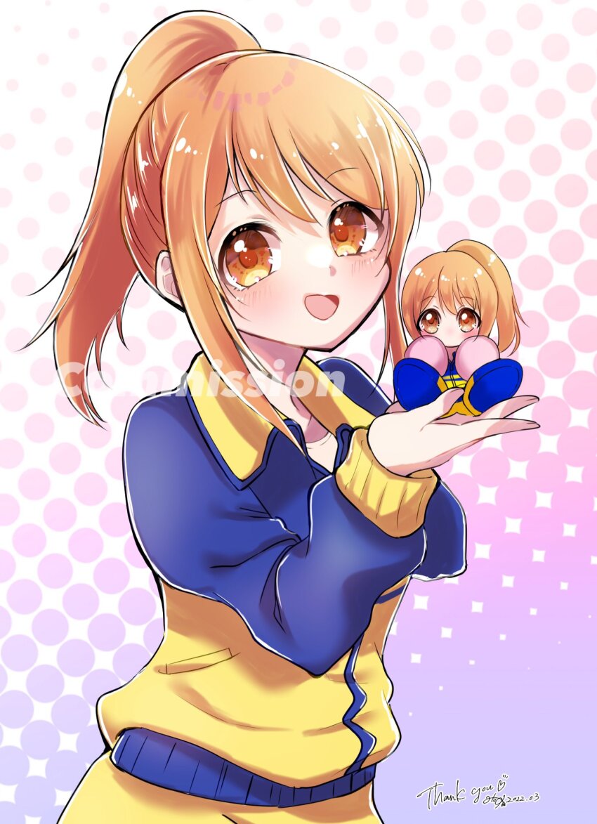 1girl, 2022, blue_jacket, brown_eyes, chibi, commentary_request, commission, doll