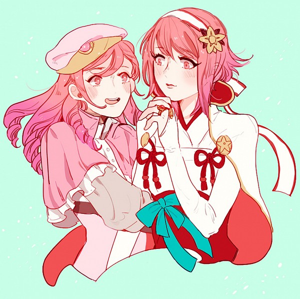 1boy, 1girl, bridal_gauntlets, duckhymn, fire_emblem, fire_emblem_fates, flower, forrest_(fire_emblem), hair_flower, hair_ornament, hairband, hairclip, holding_another's_arm, japanese_clothes, long_hair, miko, mother_and_child, mother_and_son, nintendo, parent_and_child, pink_eyes, pink_hair, sakura_(fire_emblem), short_hair, simple_background