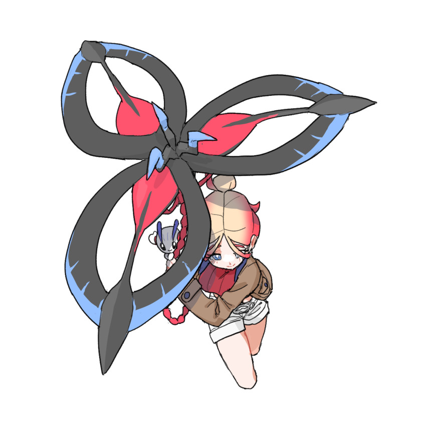 1girl, black_flower, blonde_hair, blue_eyes, bright_pupils, brown_jacket, closed_mouth, commentary_request, eyelashes, floette, floette_(eternal), flower, gen_6_pokemon, gradient_hair, hair_bun, highres, jacket, korean_commentary, long_sleeves, malryu, mega_floette, mega_pokemon, multicolored_hair, nintendo, open_clothes, open_jacket, pokemon, pokemon_(creature), pokemon_legends:_z-a, red_hair, shorts, single_hair_bun, smile, split_mouth, spoilers, taunie_(pokemon), transparent_background, white_pupils, white_shorts