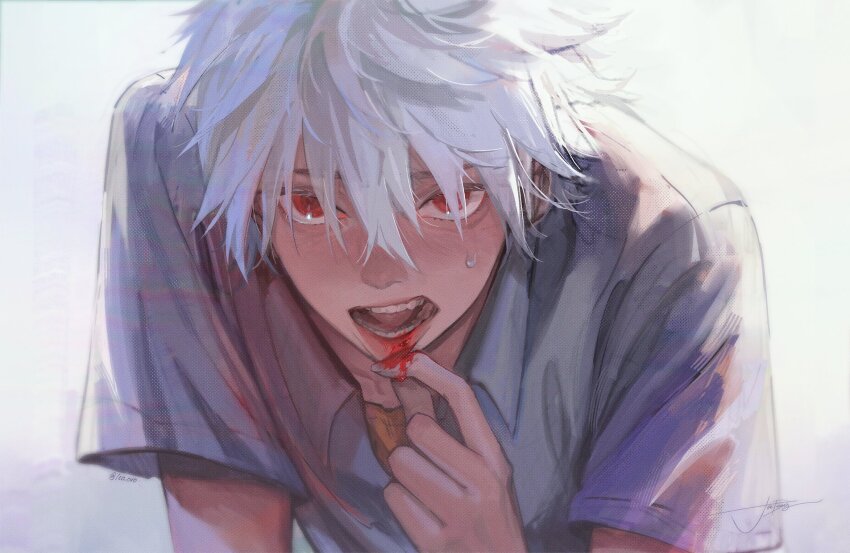 1boy, blood, blood_from_mouth, blood_on_hands, collared_shirt, commentary, english_commentary, eyelashes