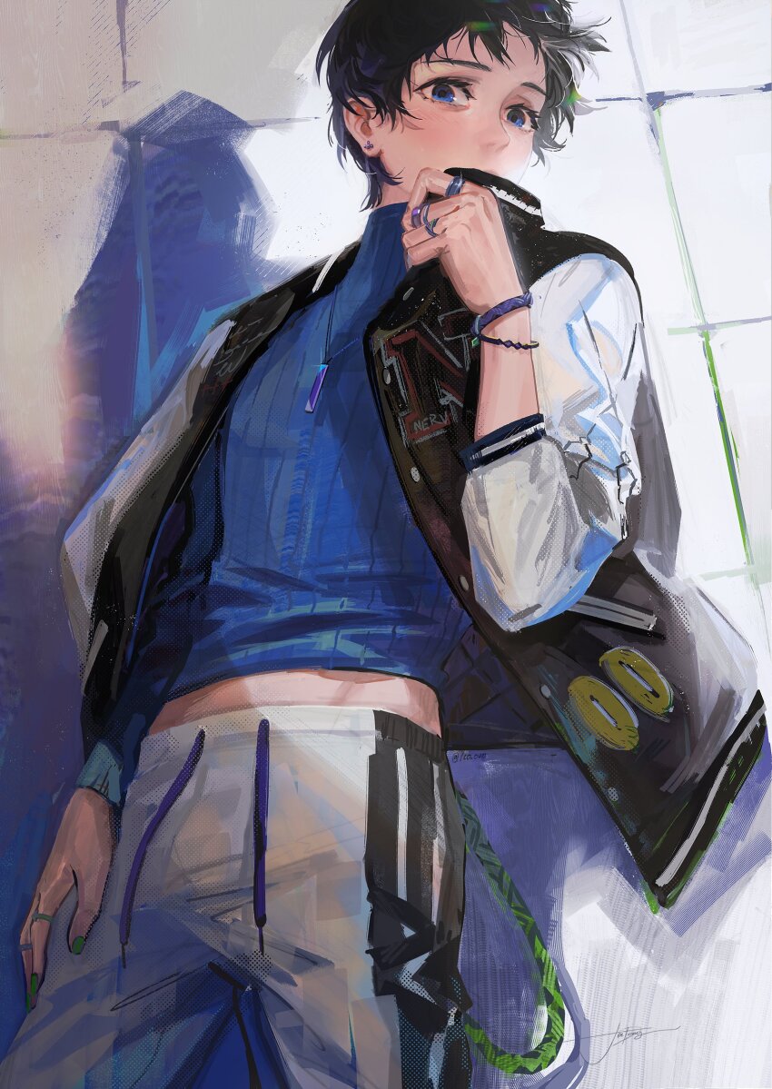 1boy, absurdres, alternate_costume, belt, black_hair, blue_eyes, bracelet, commentary