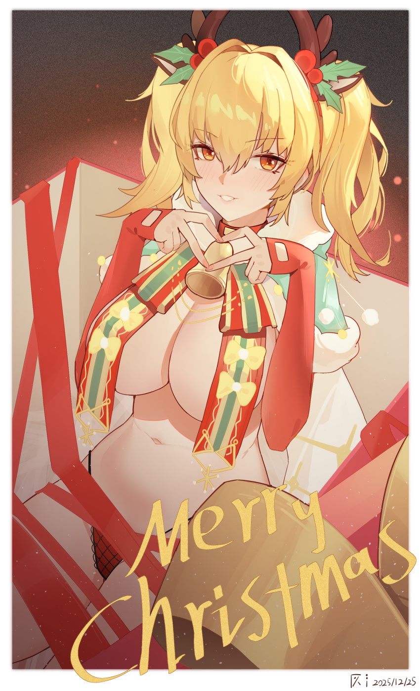 1girl, absurdres, animal_ear_hairband, animal_ears, bell, blonde_hair, blush, border