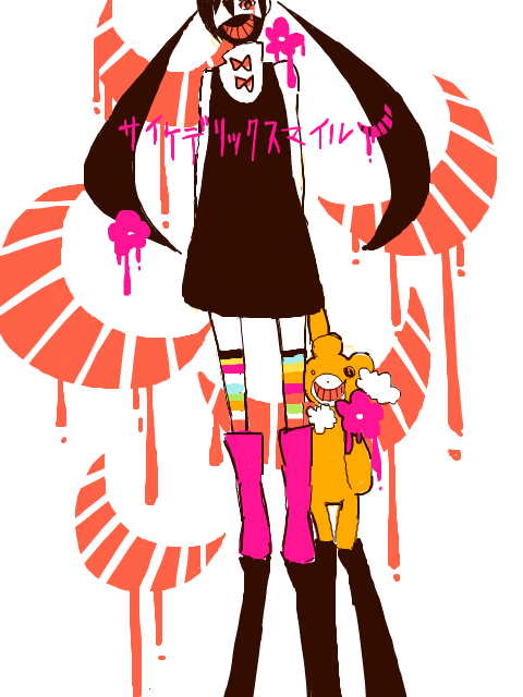 1girl, alternate_costume, alternate_hairstyle, arms_behind_back, black_hair, boots, bow, bowtie, dress, dripping, female_focus, flower, grin, hatsune_miku, head_tilt, mam233, multicolored_legwear, orange_eyes, patterned_legwear, psychedelic_smile_(vocaloid), rubber_boots, saikederikku_sumairu, shaded_face, shadow, smile, solo, stuffed_animal, stuffed_toy, tears, teddy_bear, thighhighs, twintails, vocaloid, zettai_ryouiki