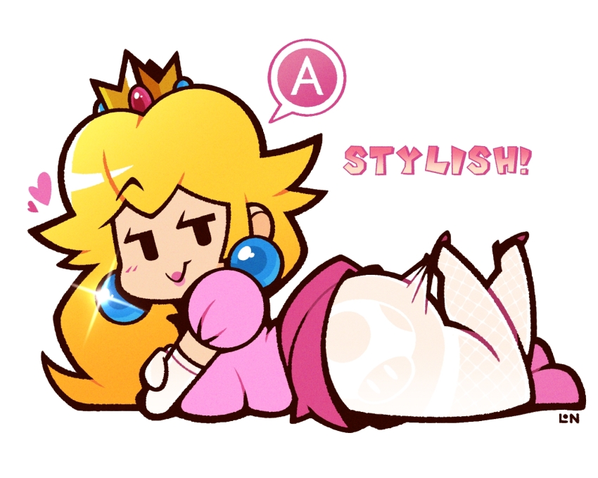 1girl, arched_back, artist_logo, ass, blonde_hair, breasts, commentary, crown, dress, earrings, english_commentary, english_text, feet_up, from_side, gold_crown, highres, hooked_on_heel, jewelry, lace_pantyhose_hooked_on_heel_(meme), legendofnerd, logo, long_hair, looking_at_viewer, lying, mario_(series), meme, nintendo, pantyhose, pantyhose_tug, paper_mario, paper_peach, pink_dress, pointed_crown, princess_peach, print_pantyhose, puffy_short_sleeves, puffy_sleeves, short_sleeves, smirk, solo, sphere_earrings