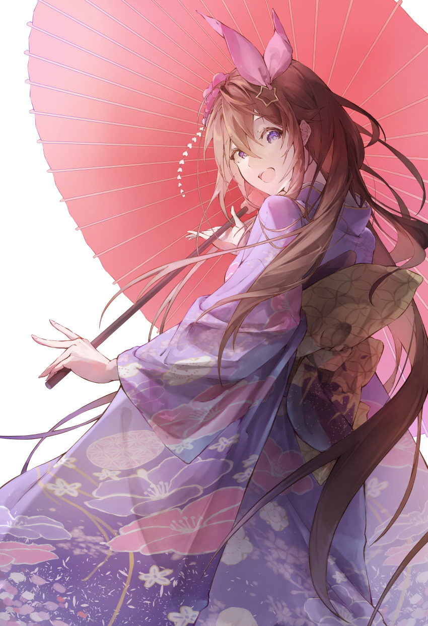 1girl, :d, absurdres, asahi_tsujino, blue_eyes, blue_kimono, brown_hair, commentary_request