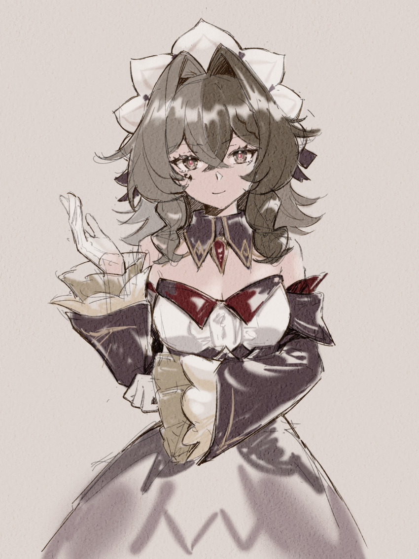 1girl, bare_shoulders, breasts, brown_hair, chinese_commentary, cleavage, commentary_request, cosplay