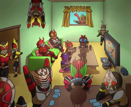 ace_(playing_card), armor, arms_up, bat_(animal), beetle, beetle_horn, belt, blue_armor, blue_eyes, bug, card, corner, couch, cushion, doorway, dragon, fighting_game, game_console, game_controller, grasshopper, green_armor, green_eyes, hand_on_own_face, helmet, hiding_face, insect, jane10lo, jewelry, kamen_rider, kamen_rider_(1st_series), kamen_rider_1, kamen_rider_555, kamen_rider_agito, kamen_rider_agito_(series), kamen_rider_blade, kamen_rider_blade_(series), kamen_rider_dcd, kamen_rider_decade, kamen_rider_den-o, kamen_rider_den-o_(series), kamen_rider_faiz, kamen_rider_hibiki, kamen_rider_hibiki_(series), kamen_rider_kabuto, kamen_rider_kabuto_(series), kamen_rider_kaixa, kamen_rider_kiva, kamen_rider_kiva_(series), kamen_rider_kuuga, kamen_rider_kuuga_(series), kamen_rider_ryuki, kamen_rider_ryuki_(series), kamen_rider_wizard, kamen_rider_wizard_(series), kettle, living_room, looking_through_window, magenta_armor, male_focus, mask, masked, masked_male, momotaros, multiple_boys, nintendo_64, nintendo_64_controller, oni, peeking_out, playing_card, purple_armor, red_armor, red_eyes, red_scarf, rhinoceros_beetle, ring, scarf, sitting, sitting_on_cushion, table, tea, teapot, television, upside-down, vampire, video_game, vsasha, window, yellow_armor, yellow_eyes