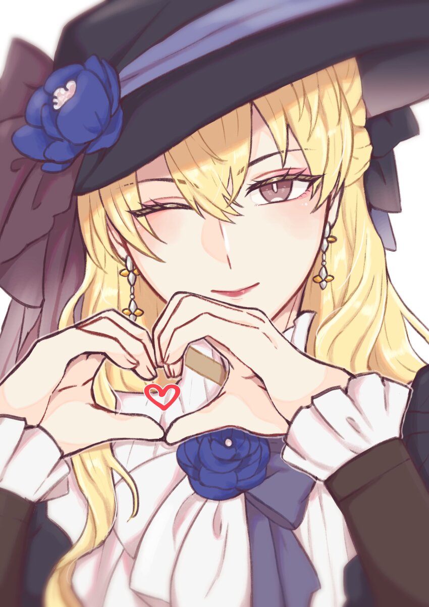 1boy, absurdres, black_dress, black_hat, blonde_hair, blue_bow, blurry, bow, brooch, brown_eyes, closed_mouth, commentary_request, crossdressing, crossdressing_(mtf), depth_of_field, dress, earrings, flower, flower_brooch, frilled_shirt, frilled_sleeves, frills, hair_between_eyes, half_updo, hands_up, hat, hat_bow, hat_flower, head_tilt, heart, heart_hands, highres, jewelry, kamui_(pgr), long_hair, long_sleeves, looking_at_viewer, male_focus, one_eye_closed, punishing:_gray_raven, red_lips, shirt, simple_background, sion_apg, sleeves_past_wrists, smile, solo, turtleneck, turtleneck_shirt, upper_body, white_background, white_bow, white_shirt
