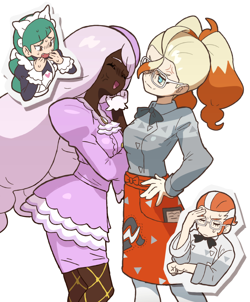 1boy, 3girls, :d, absurdres, anger_vein, apron, black_bow, black_bowtie