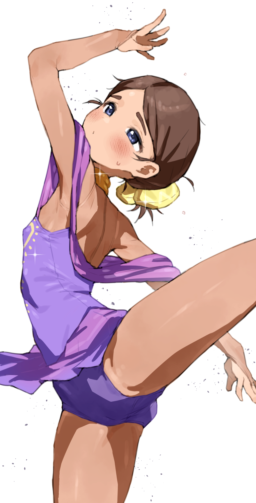 1girl, blue_eyes, blush, bodystocking, brown_hair, commentary_request, expressionless, figure_skating_dress