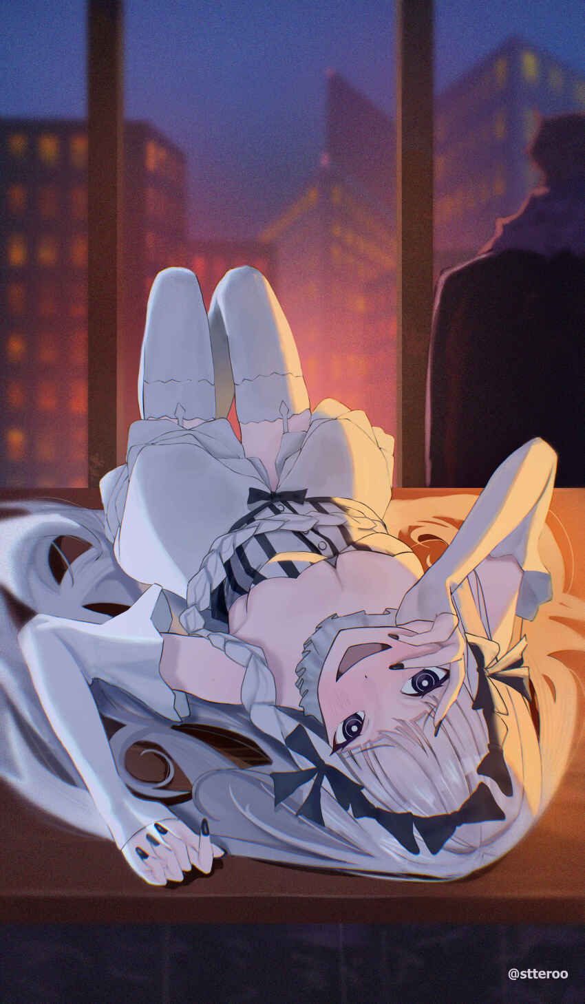 1boy, 1girl, absurdres, bare_shoulders, black_bow, blush, bow, braid