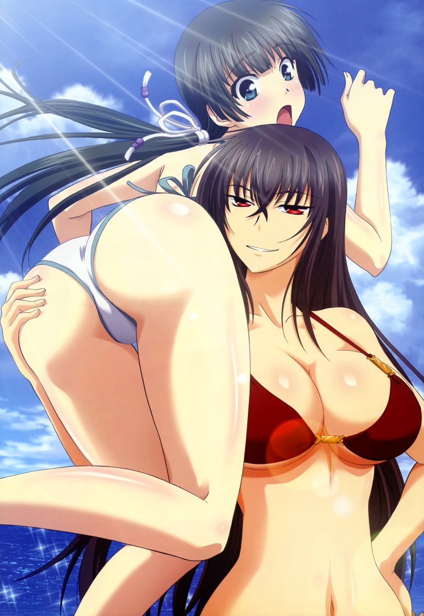 2girls, absurdres, ass, bikini, black_hair, blue_eyes, blush, breasts, carrying, carrying_over_shoulder, cleavage, cloud, day, grabbing_another's_ass, groping, hand_on_own_ass, hand_on_own_hip, highres, kawakami_momoyo, large_breasts, long_hair, looking_back, maji_de_watashi_ni_koi_shinasai!, mayuzumi_yukie, midriff, multiple_girls, navel, non-web_source, nyantype, official_art, open_mouth, outdoors, ponytail, red_eyes, scan, sky, smile, swimsuit, take_it_home, very_long_hair, watanabe_mayumi, water, yuri
