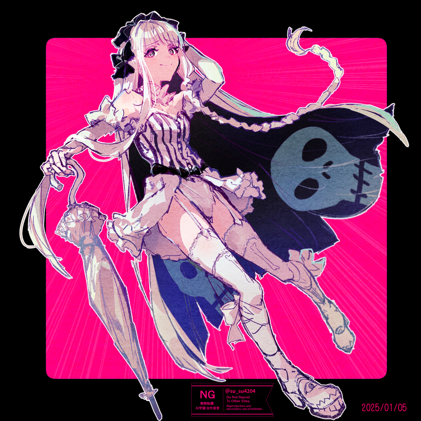 1girl, bare_shoulders, black_bow, black_hair, blush, boots, bow, braid, breasts, collar, colored_inner_hair, commentary_request, detached_sleeves, dress, fate/strange_fake, fate_(series), francesca_prelati_(fate), frilled_collar, frills, full_body, garter_straps, grey_eyes, hair_bow, high_heel_boots, high_heels, highres, long_hair, looking_at_viewer, medium_breasts, multicolored_hair, panties, parted_bangs, ringed_eyes, sidelocks, skull_print, smile, solo, striped_clothes, striped_dress, su_su4204, thighhighs, umbrella, underwear, very_long_hair, white_dress, white_hair, white_panties, white_thighhighs