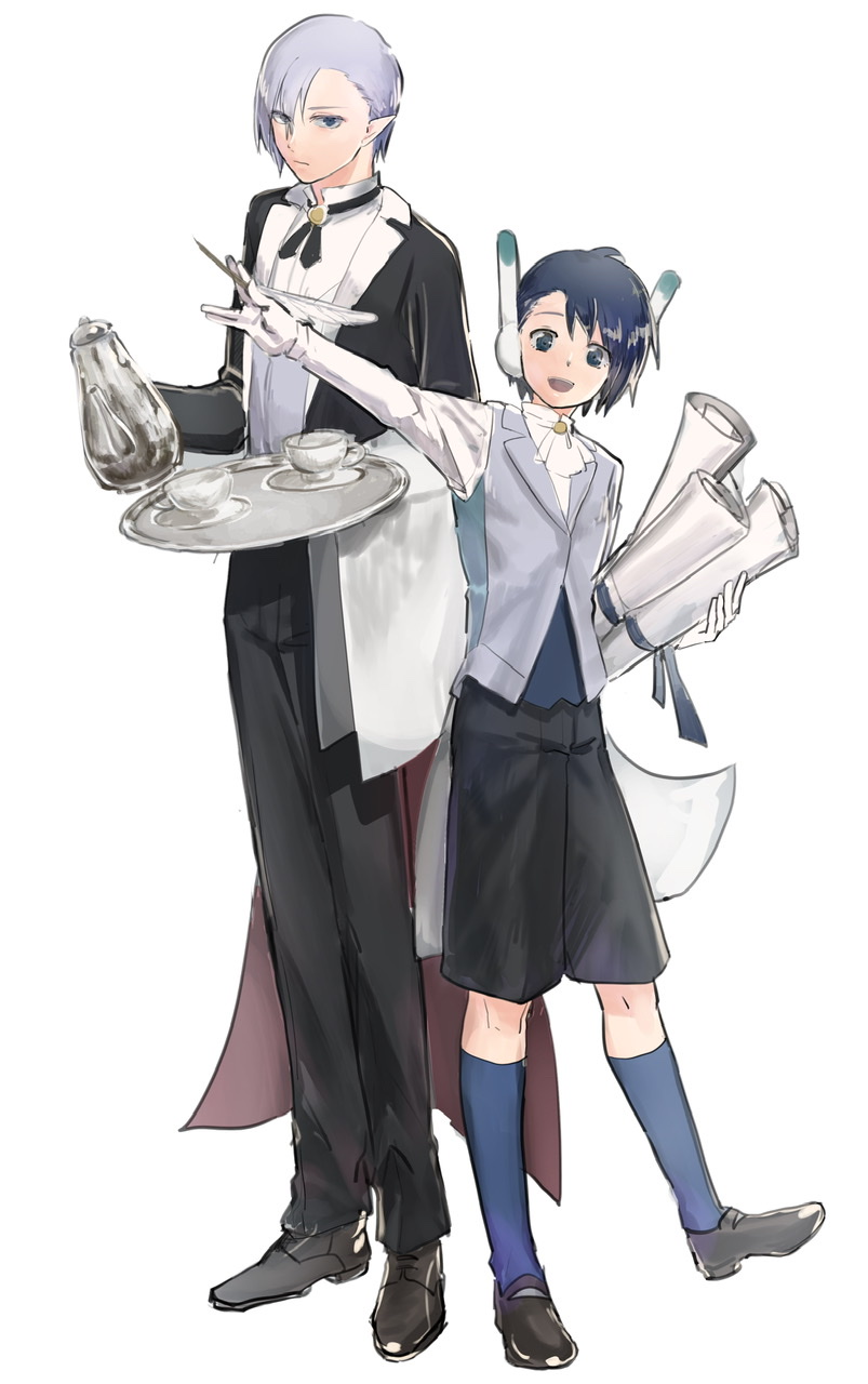 2boys, closed_mouth, ear_covers, full_body, gloves, highres, looking_at_viewer, lucifer_(star_ocean)